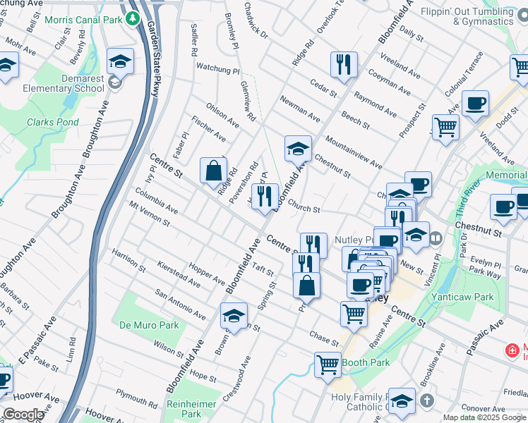map of restaurants, bars, coffee shops, grocery stores, and more near 11 Knox Place in Nutley