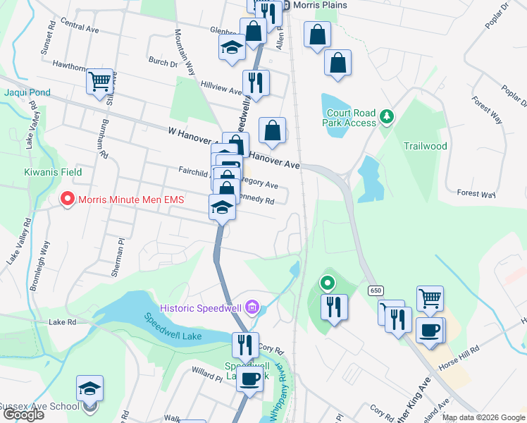 map of restaurants, bars, coffee shops, grocery stores, and more near 23 Kennedy Road in Morristown