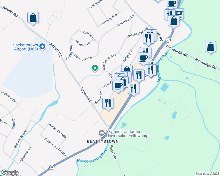 map of restaurants, bars, coffee shops, grocery stores, and more near 5 Flemming Place in Hackettstown