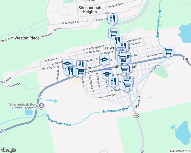 map of restaurants, bars, coffee shops, grocery stores, and more near 406 West Centre Street in Shenandoah