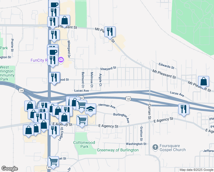 map of restaurants, bars, coffee shops, grocery stores, and more near 817 Kenilworth Court in Burlington