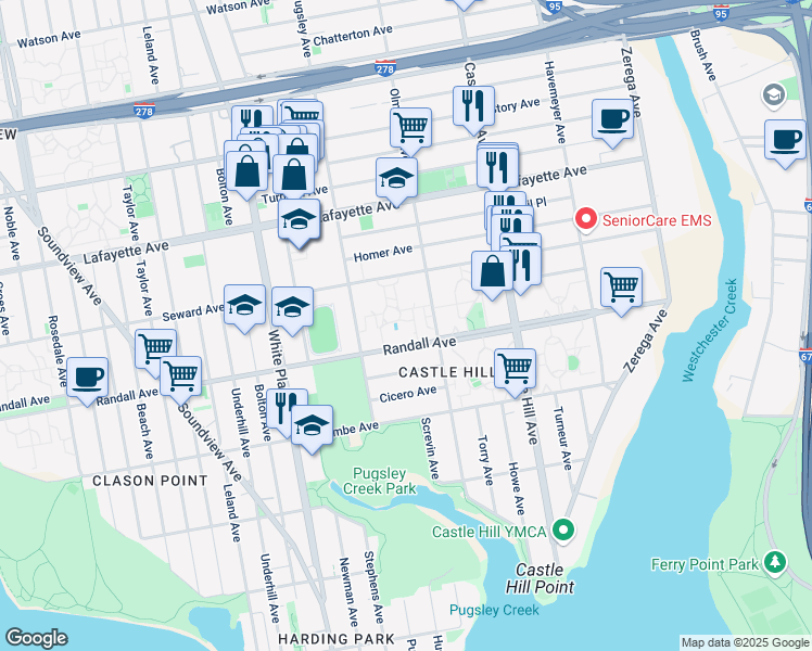 map of restaurants, bars, coffee shops, grocery stores, and more near 601 Olmstead Avenue in The Bronx