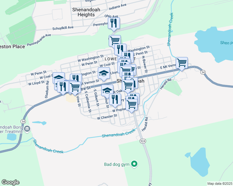 map of restaurants, bars, coffee shops, grocery stores, and more near 114 West Oak Street in Shenandoah