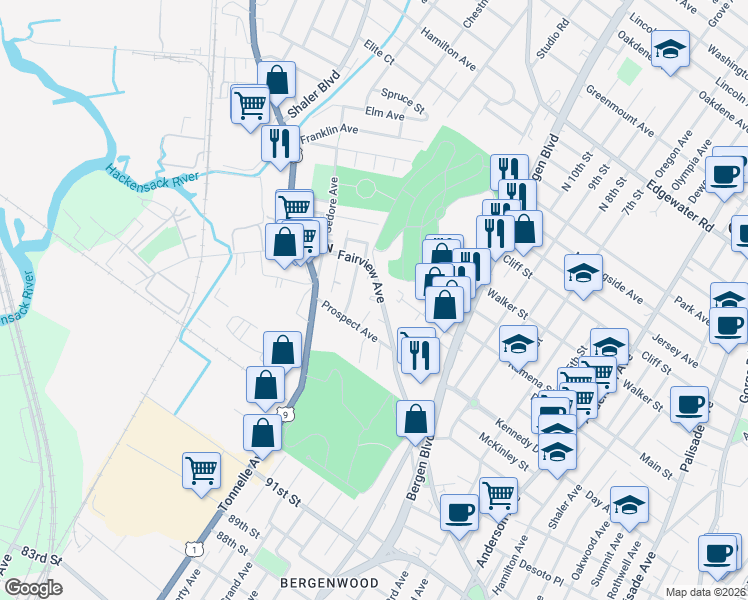 map of restaurants, bars, coffee shops, grocery stores, and more near 178 Maple Street in Fairview
