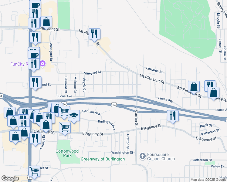 map of restaurants, bars, coffee shops, grocery stores, and more near 832 Shields Street in Burlington
