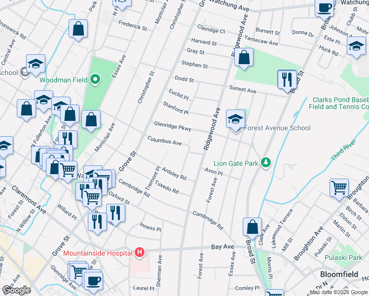 map of restaurants, bars, coffee shops, grocery stores, and more near 7 Columbus Avenue in Montclair
