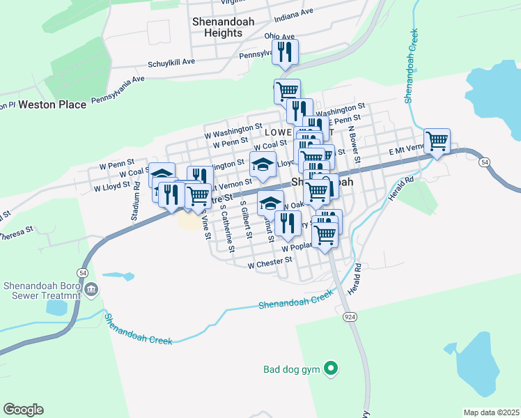 map of restaurants, bars, coffee shops, grocery stores, and more near 307 West Oak Street in Shenandoah