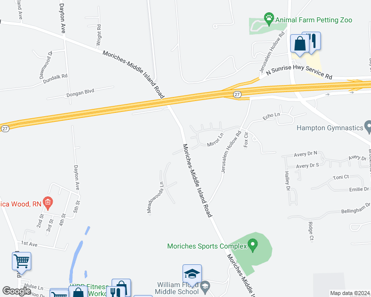 map of restaurants, bars, coffee shops, grocery stores, and more near 51 Tall Oak Circle in Moriches