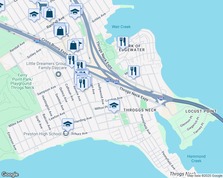 map of restaurants, bars, coffee shops, grocery stores, and more near 3950 Throgs Neck Expressway in Bronx
