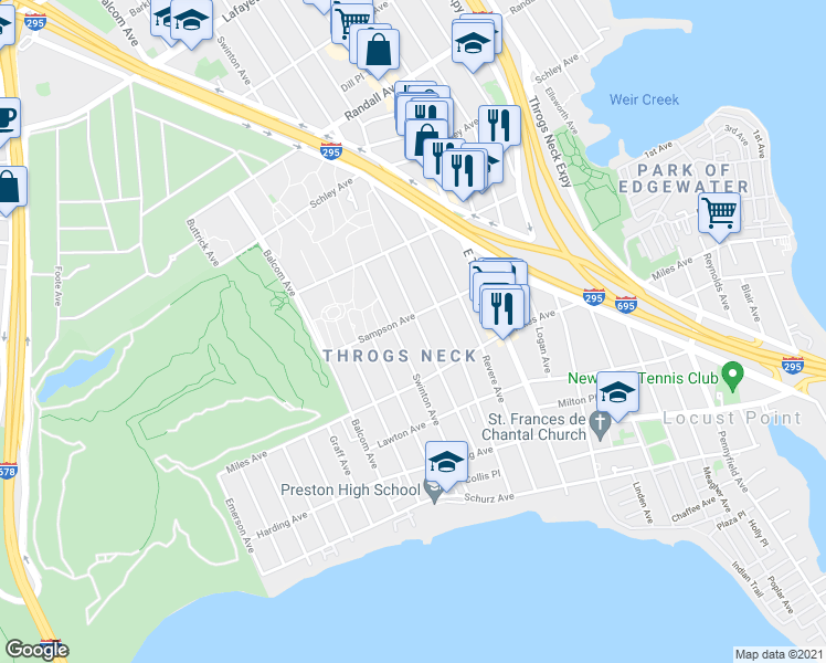 map of restaurants, bars, coffee shops, grocery stores, and more near 2824 Sampson Avenue in Bronx