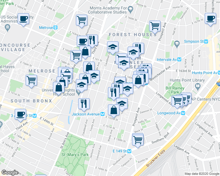 map of restaurants, bars, coffee shops, grocery stores, and more near 793 Jackson Avenue in Bronx