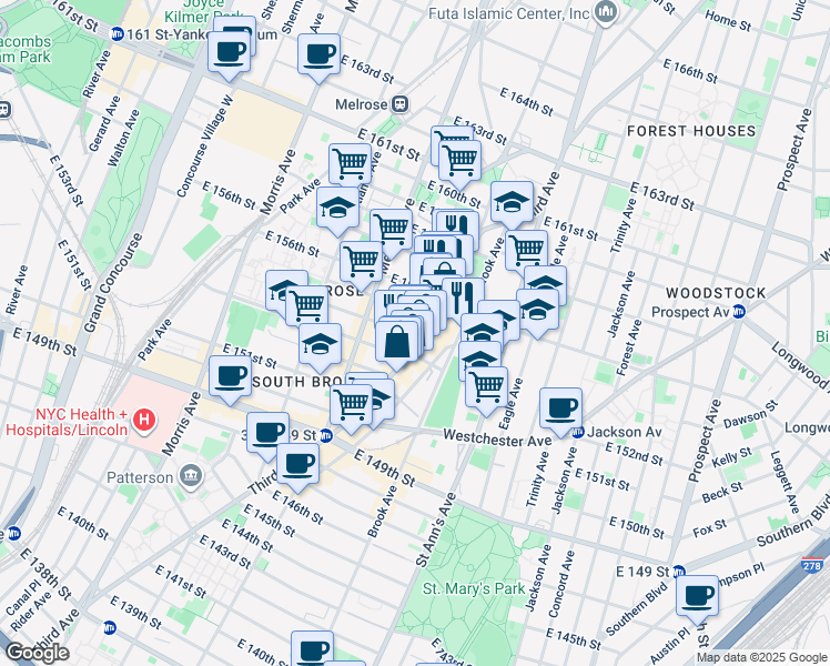 map of restaurants, bars, coffee shops, grocery stores, and more near 464 East 155th Street in The Bronx