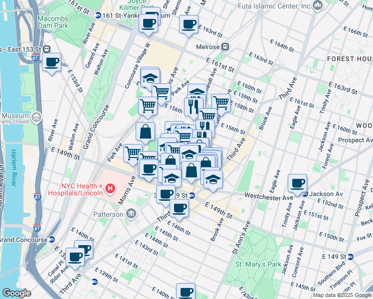 map of restaurants, bars, coffee shops, grocery stores, and more near 2825 3rd Avenue in Bronx