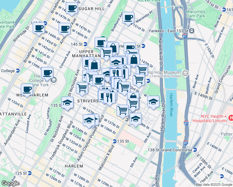 map of restaurants, bars, coffee shops, grocery stores, and more near 2430 Adam Clayton Powell Junior Boulevard in New York
