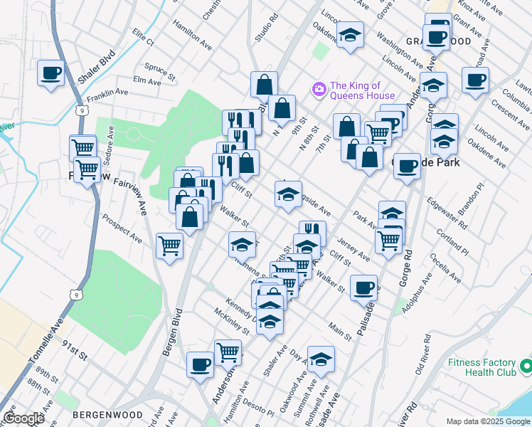 map of restaurants, bars, coffee shops, grocery stores, and more near 454 Cliff Street in Fairview