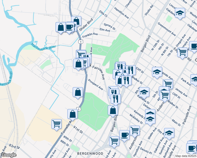 map of restaurants, bars, coffee shops, grocery stores, and more near 178 Maple Street in Fairview