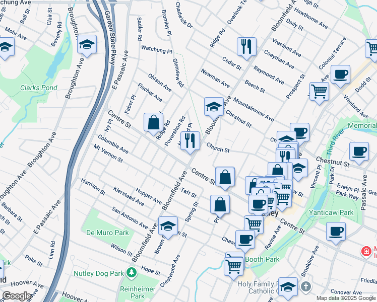 map of restaurants, bars, coffee shops, grocery stores, and more near 11 Knox Place in Nutley