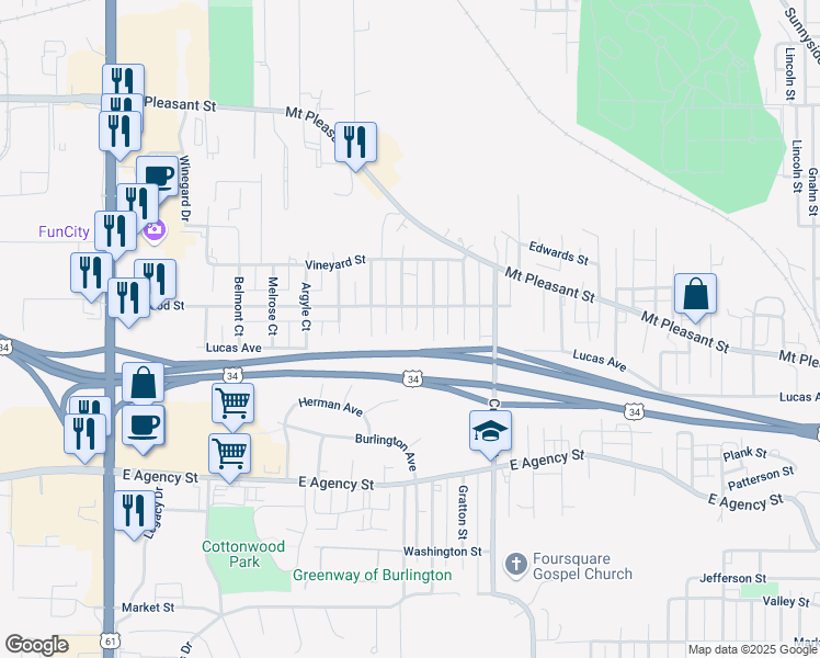 map of restaurants, bars, coffee shops, grocery stores, and more near 832 Shields Street in Burlington