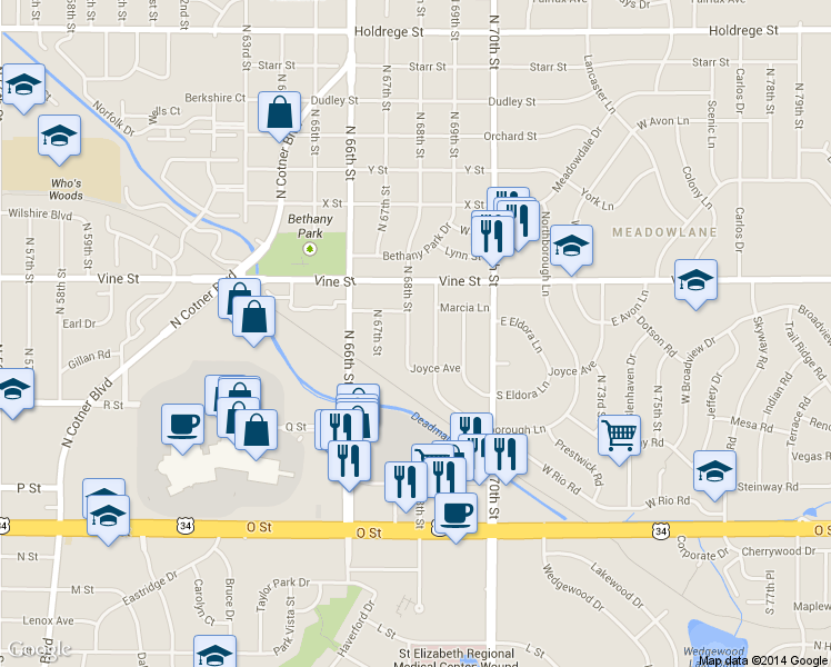 map of restaurants, bars, coffee shops, grocery stores, and more near 651 North 68th Street in Lincoln