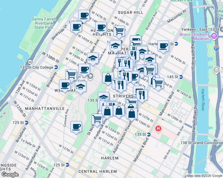 map of restaurants, bars, coffee shops, grocery stores, and more near 80 Edgecombe Avenue in New York
