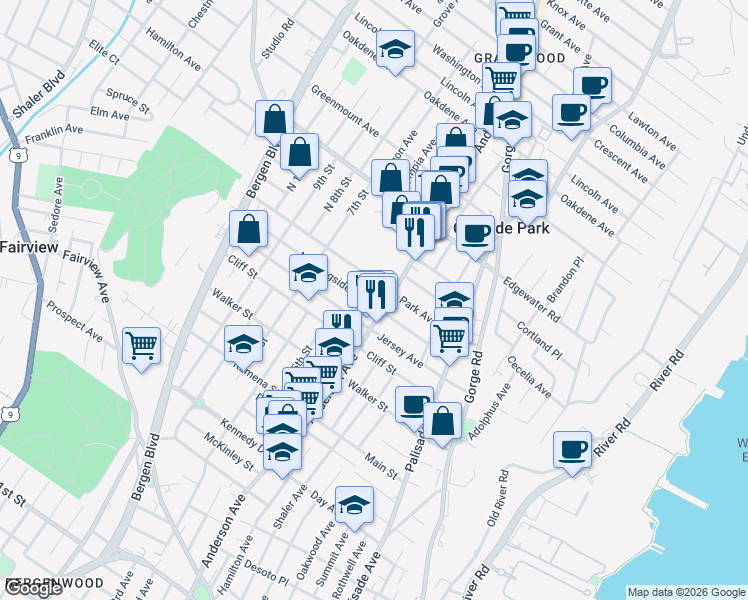map of restaurants, bars, coffee shops, grocery stores, and more near 368 Park Avenue in Fairview