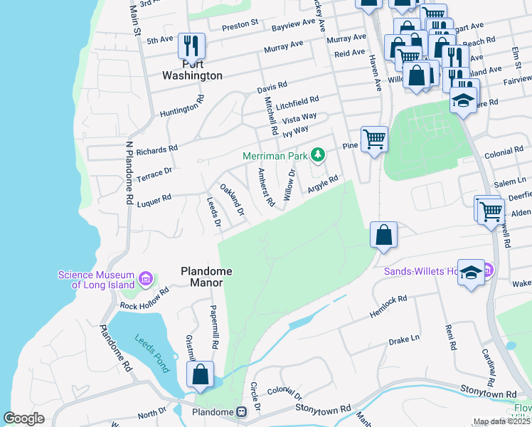 map of restaurants, bars, coffee shops, grocery stores, and more near 45 Amherst Road in Port Washington