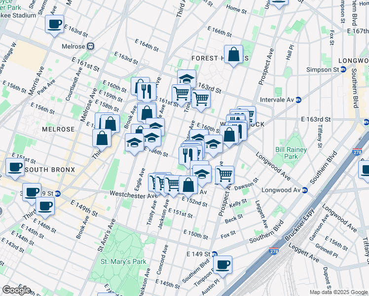 map of restaurants, bars, coffee shops, grocery stores, and more near 793 Jackson Avenue in Bronx