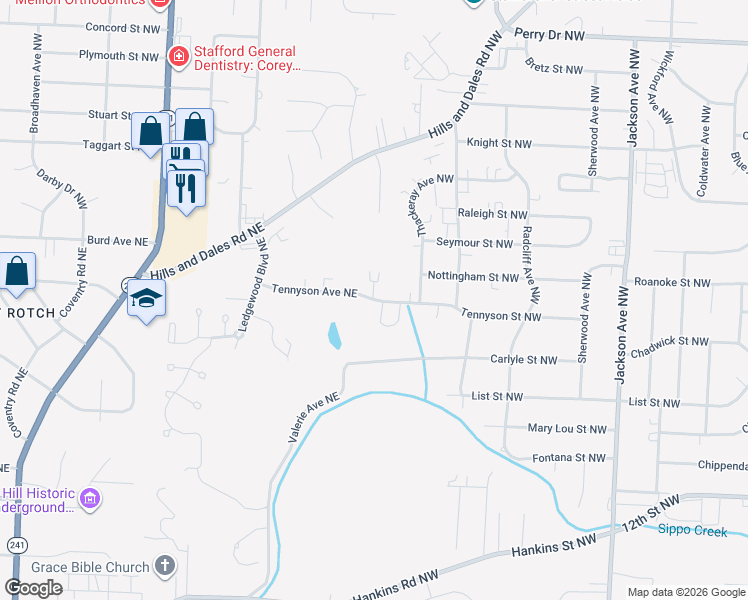 map of restaurants, bars, coffee shops, grocery stores, and more near 1936 Tennyson Street Northwest in Massillon