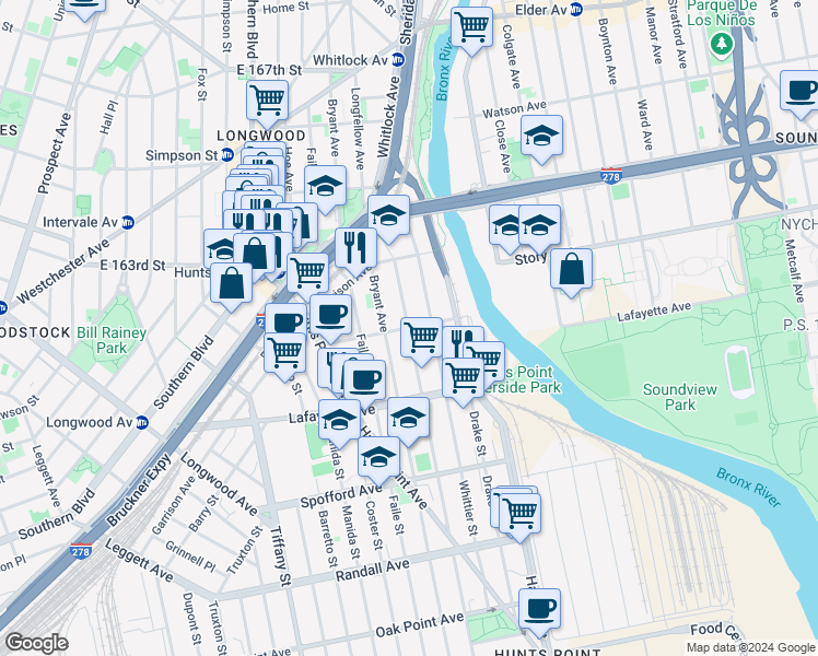 map of restaurants, bars, coffee shops, grocery stores, and more near Seneca Avenue in Bronx