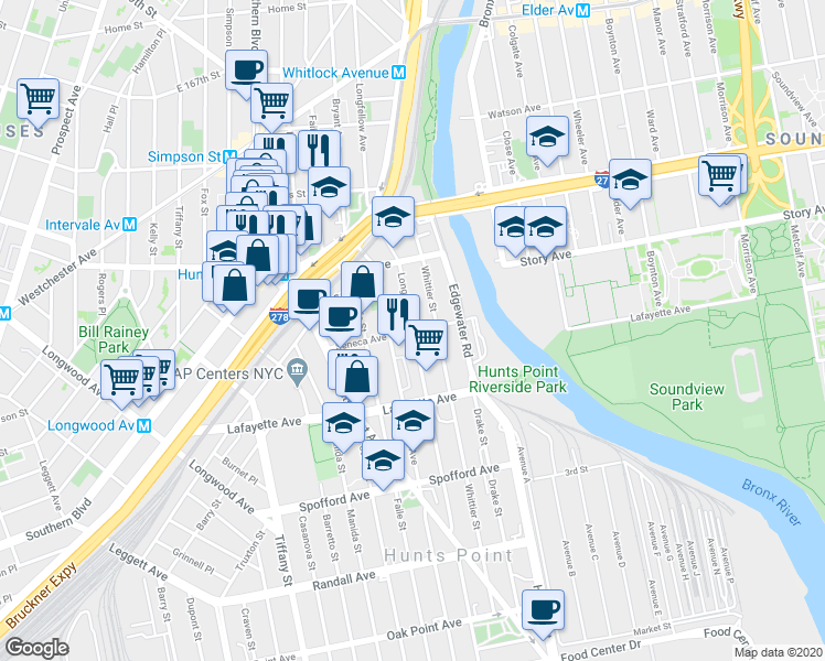 map of restaurants, bars, coffee shops, grocery stores, and more near Longfellow Ave & Seneca Ave in Bronx