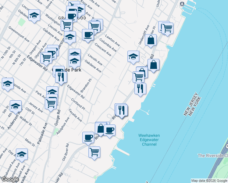 map of restaurants, bars, coffee shops, grocery stores, and more near 154A Undercliff Avenue in Edgewater