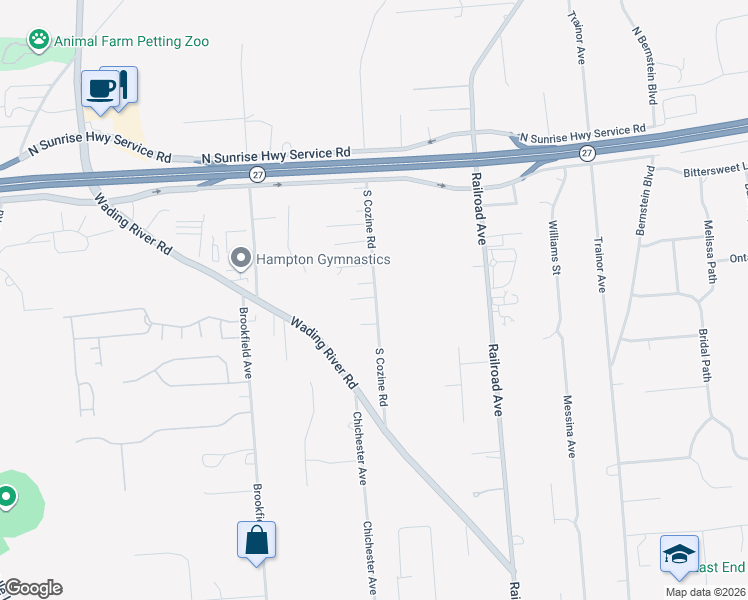 map of restaurants, bars, coffee shops, grocery stores, and more near 40 South Cozine Road in Center Moriches