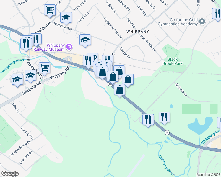 map of restaurants, bars, coffee shops, grocery stores, and more near 325 New Jersey 10 in Hanover