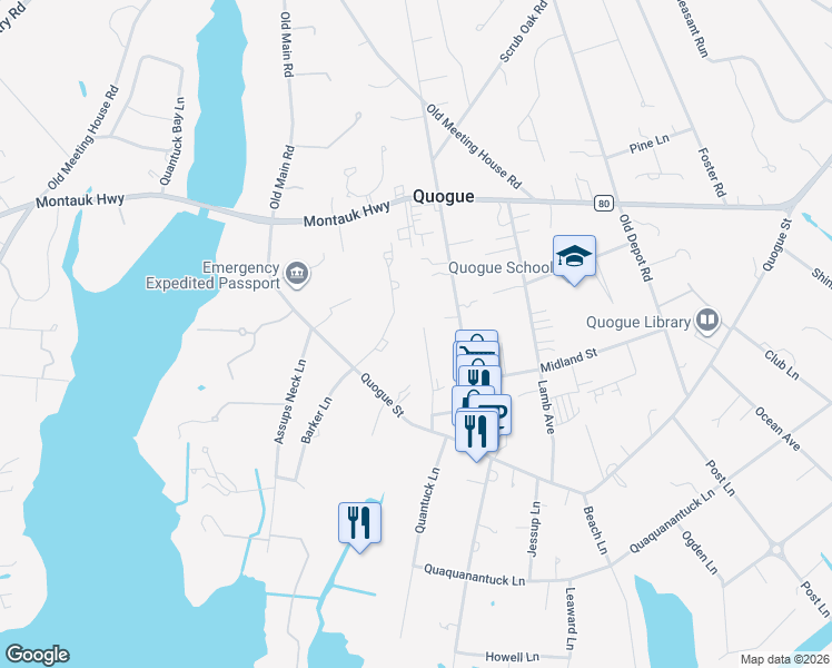 map of restaurants, bars, coffee shops, grocery stores, and more near 3 Willow Lane in Quogue