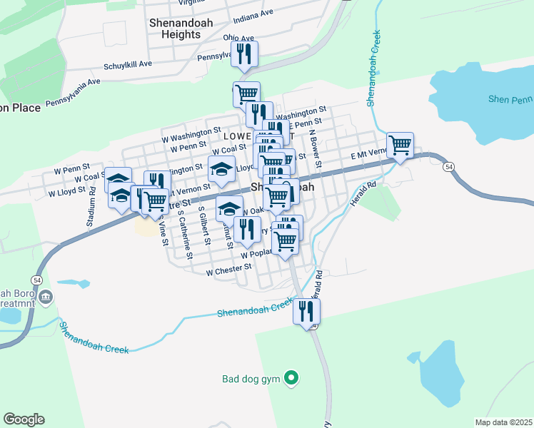 map of restaurants, bars, coffee shops, grocery stores, and more near 124 South Ferguson Street in Shenandoah