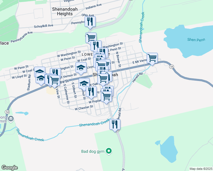 map of restaurants, bars, coffee shops, grocery stores, and more near 117 Main Street in Shenandoah