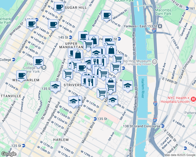 map of restaurants, bars, coffee shops, grocery stores, and more near 2430 Adam Clayton Powell Junior Boulevard in New York