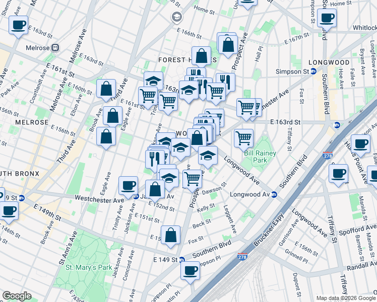 map of restaurants, bars, coffee shops, grocery stores, and more near 809 Union Avenue in The Bronx
