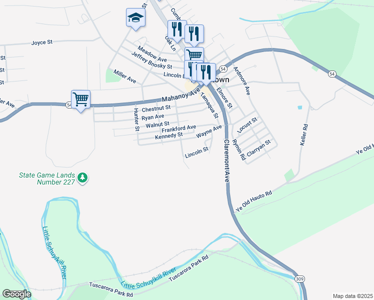 map of restaurants, bars, coffee shops, grocery stores, and more near 16 Blackwell Street in Tamaqua