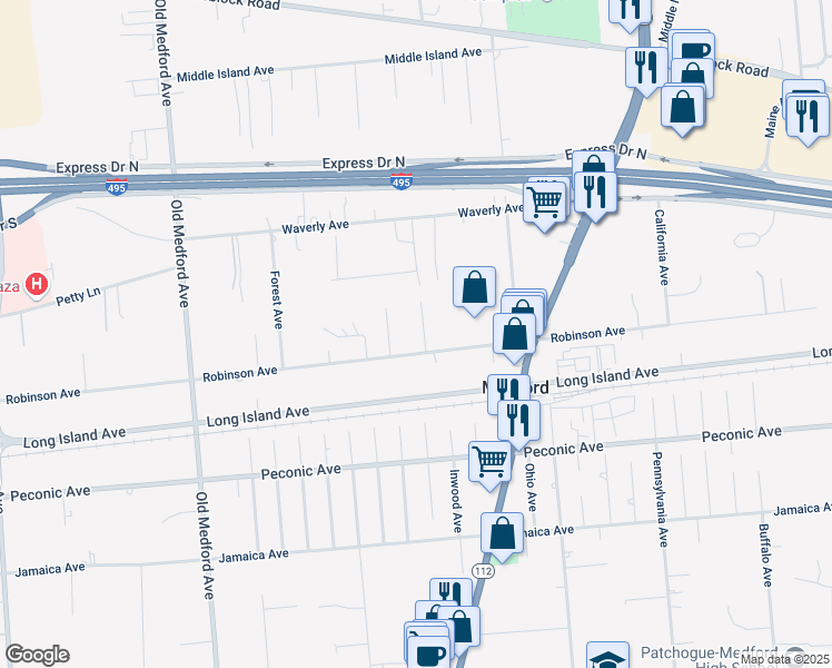 map of restaurants, bars, coffee shops, grocery stores, and more near 7 Franklin Avenue in Medford