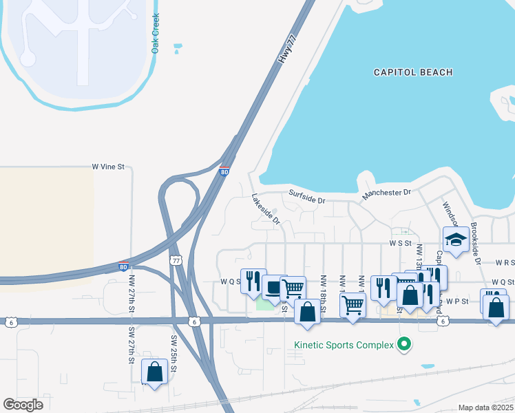 map of restaurants, bars, coffee shops, grocery stores, and more near 800 Surfside Circle in Lincoln