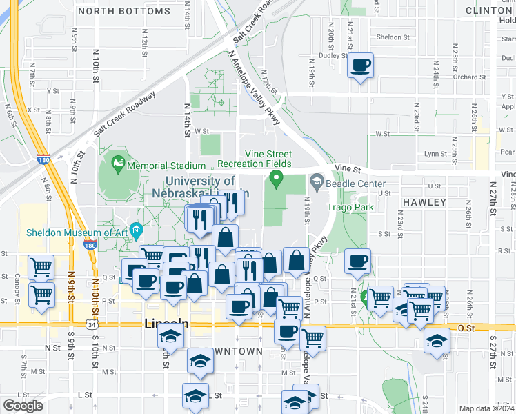 map of restaurants, bars, coffee shops, grocery stores, and more near 609 North 17th Street in Lincoln