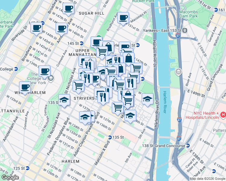 map of restaurants, bars, coffee shops, grocery stores, and more near 2430 Adam Clayton Powell Junior Boulevard in New York