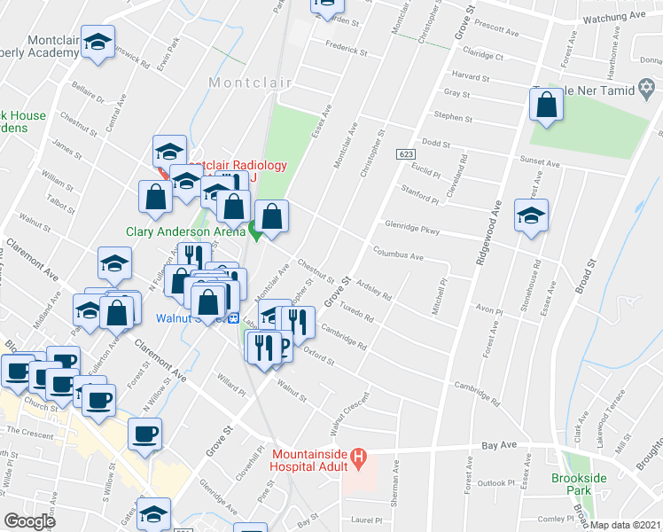 map of restaurants, bars, coffee shops, grocery stores, and more near 73 Christopher Street in Montclair