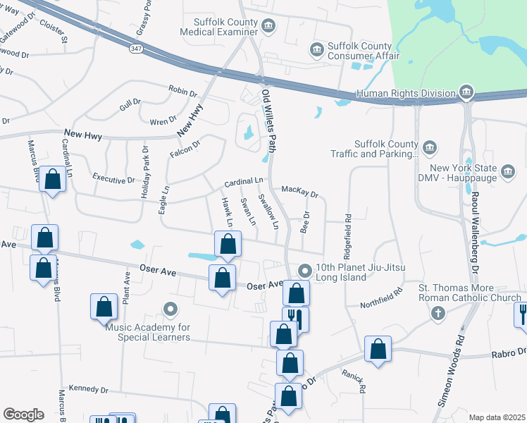 map of restaurants, bars, coffee shops, grocery stores, and more near 14 Swallow Lane in Hauppauge