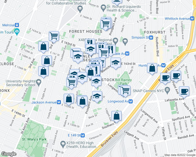 map of restaurants, bars, coffee shops, grocery stores, and more near 786 Prospect Avenue in Bronx