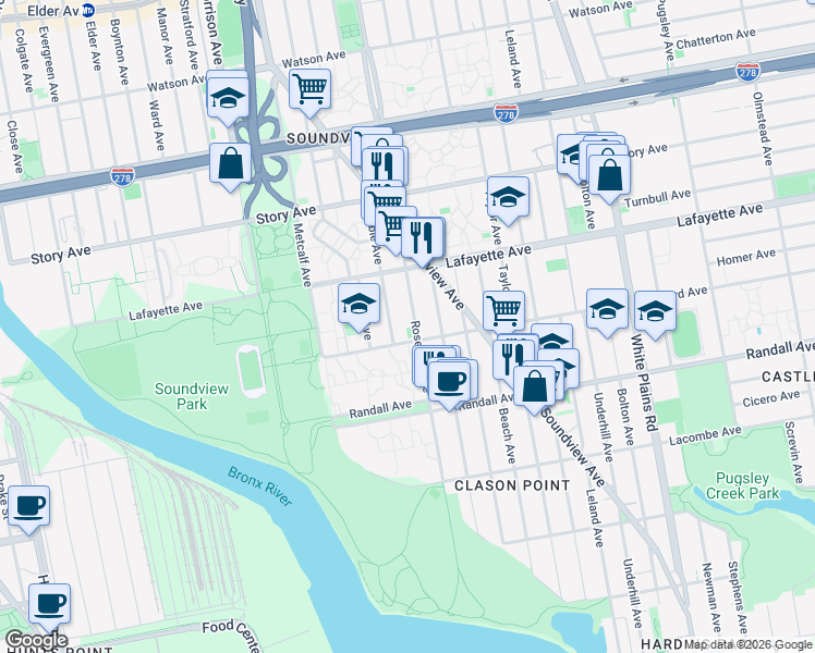 map of restaurants, bars, coffee shops, grocery stores, and more near 720 Rosedale Avenue in Bronx
