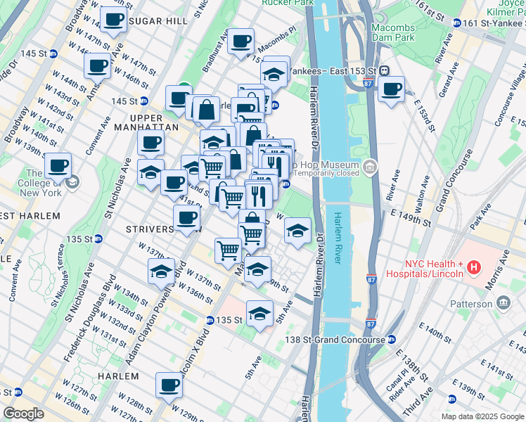map of restaurants, bars, coffee shops, grocery stores, and more near 105 West 143rd Street in New York