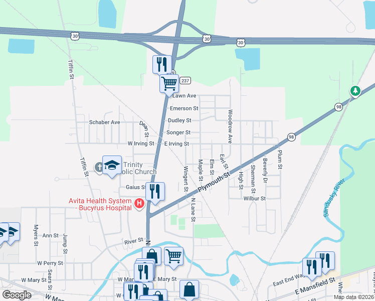 map of restaurants, bars, coffee shops, grocery stores, and more near 1031 Wingert Street in Bucyrus