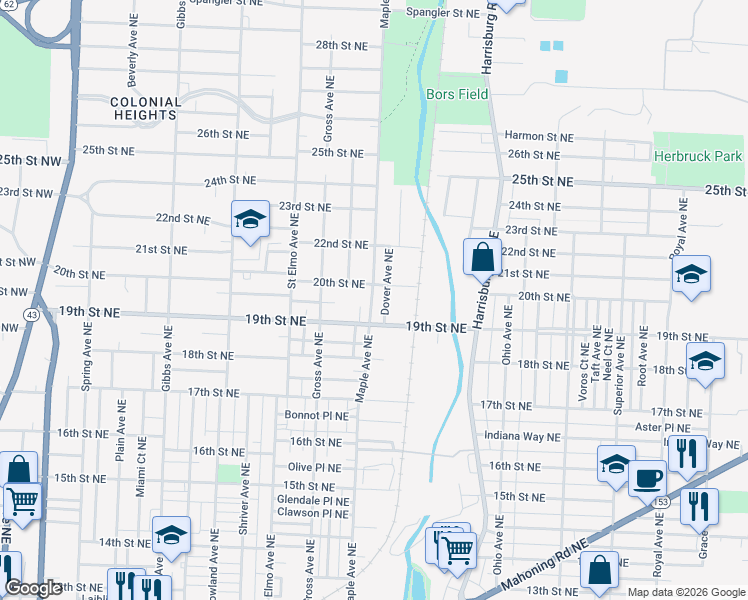 map of restaurants, bars, coffee shops, grocery stores, and more near 1634 20th Street Northeast in Canton